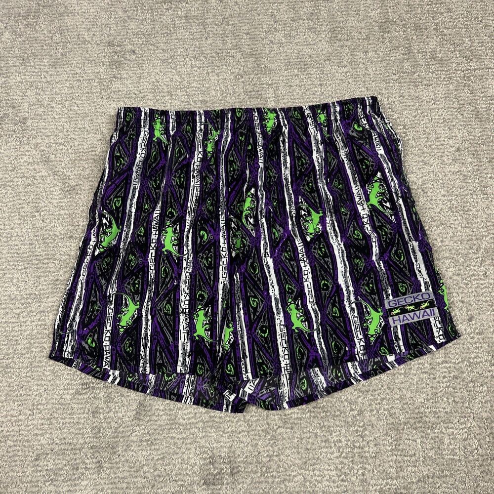 Gecko Hawaii Swim Trunks Mens XL Mesh Lined Shorts Black Purple Green Pockets